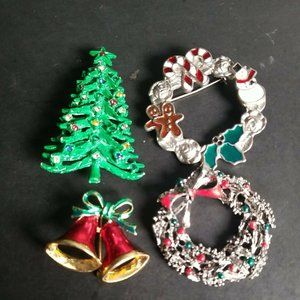 4 Vtg Christmas Holiday Brooch Pins Tree Wreath Bells Enamel Gold Silver Tone